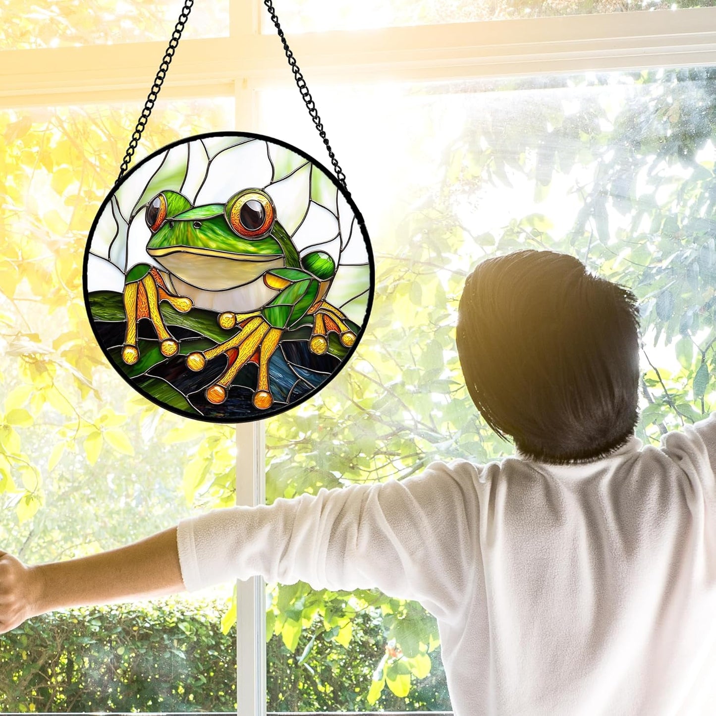 Stained Glass Window Hanging, Green Frog White Petals Sun Catchers Colorful Glass Panel Cute Suncatcher Decor for Birthday for Women, Men, Wife, Aunt, and Mom 11.8x11.8 in