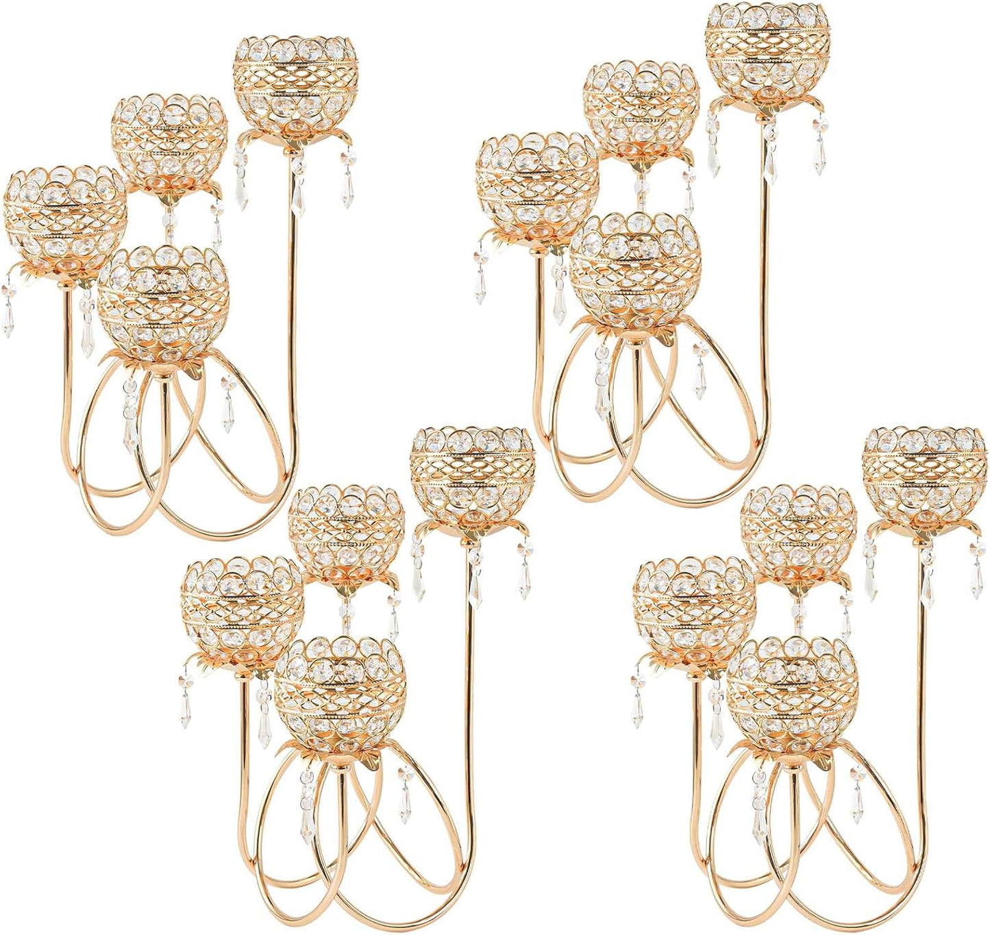 4 Arms Crystal Candelabra Tealight Holder - Tall 15.7 Inch Elegant Centerpiece with Crystal Pendant Bowls & Artistic Metal Stand for Wedding, Dining Table, Home Decor (4, Gold)