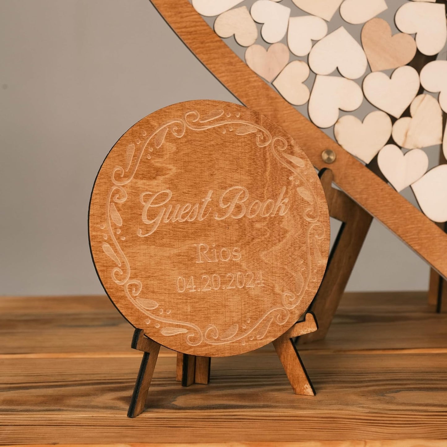 Personalized Wooden Wedding Guest Book Alternative – Rustic Heart Round or Rectangle Shape with Acrylic Display – Custom Gift for Couples