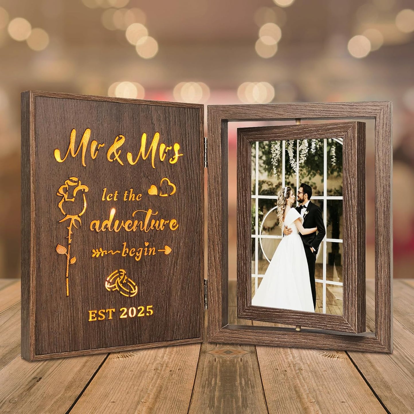 Light Up Wedding Photo Frame Gifts for Couples 2025 - Rotating Glowing Picture Frame Mr and Mrs Bridal Shower Gifts for the Bride Newly Wed Couple - Vintage Decor Holds 2 4x6 Photos