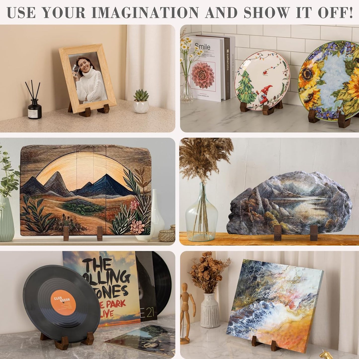 Plate Display Stand, 4 Inch Plate Holder for Displaying, Decorative Picture Frame Dish Photo Plaque Platter Wood Stand