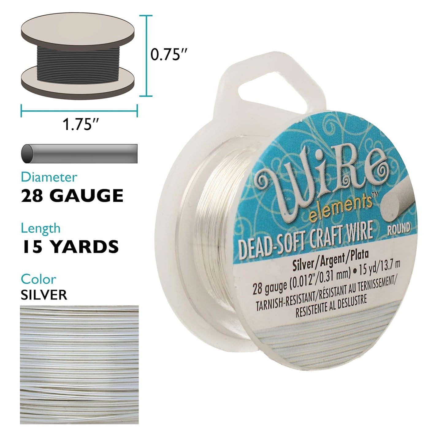 The Beadsmith Wire Elements Craft Wire – Tarnish Resistant, Soft Temper, Round, Silver Color – 0.32mm, 28 Gauge, 15 Yard Spool – Jewelry Making, Wire Wrapping, Floral, & Other DIY Crafts