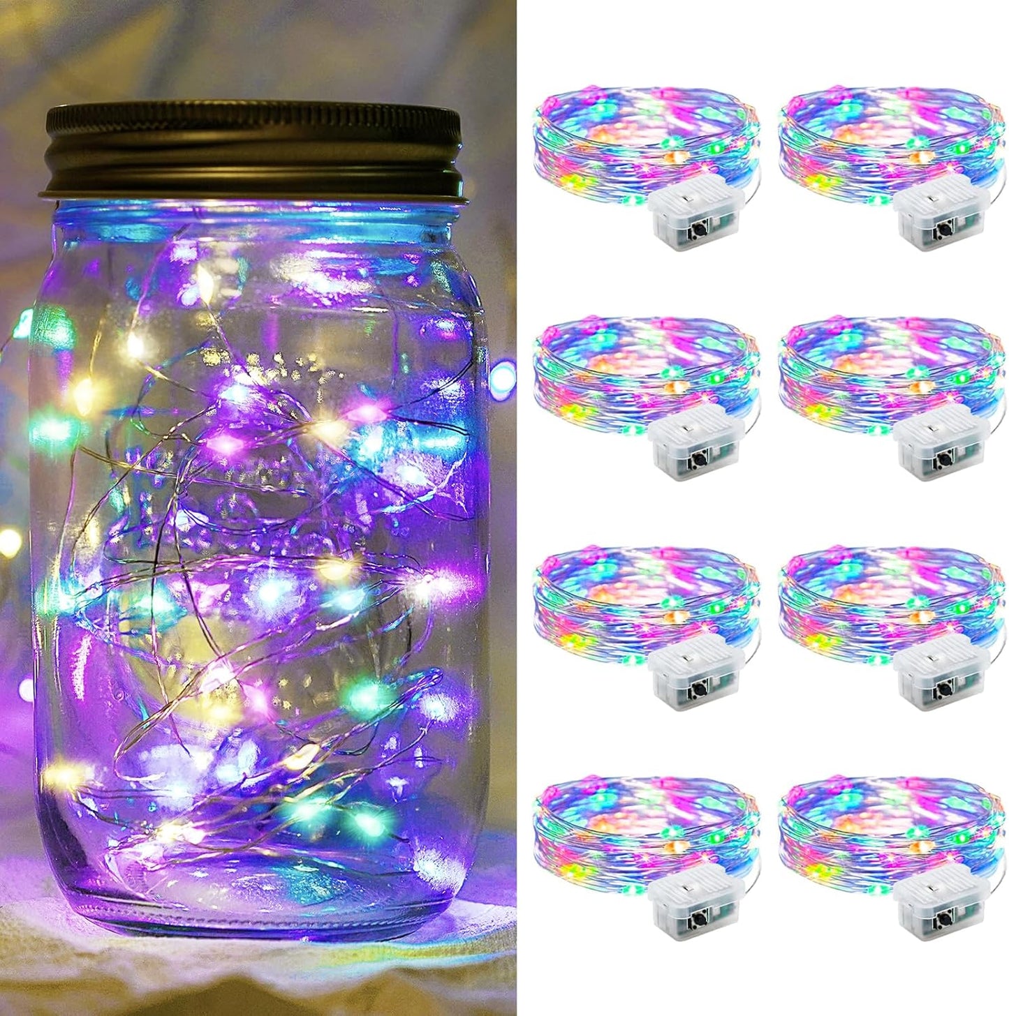 8 Pack Fairy Lights 7Ft 20 LED Twinkle String Lights 3 Modes Battery Operated Waterproof Firefly Starry for Mason Jar Party Wedding Christmas Valentines Day Table Centerpieces,Rainbow