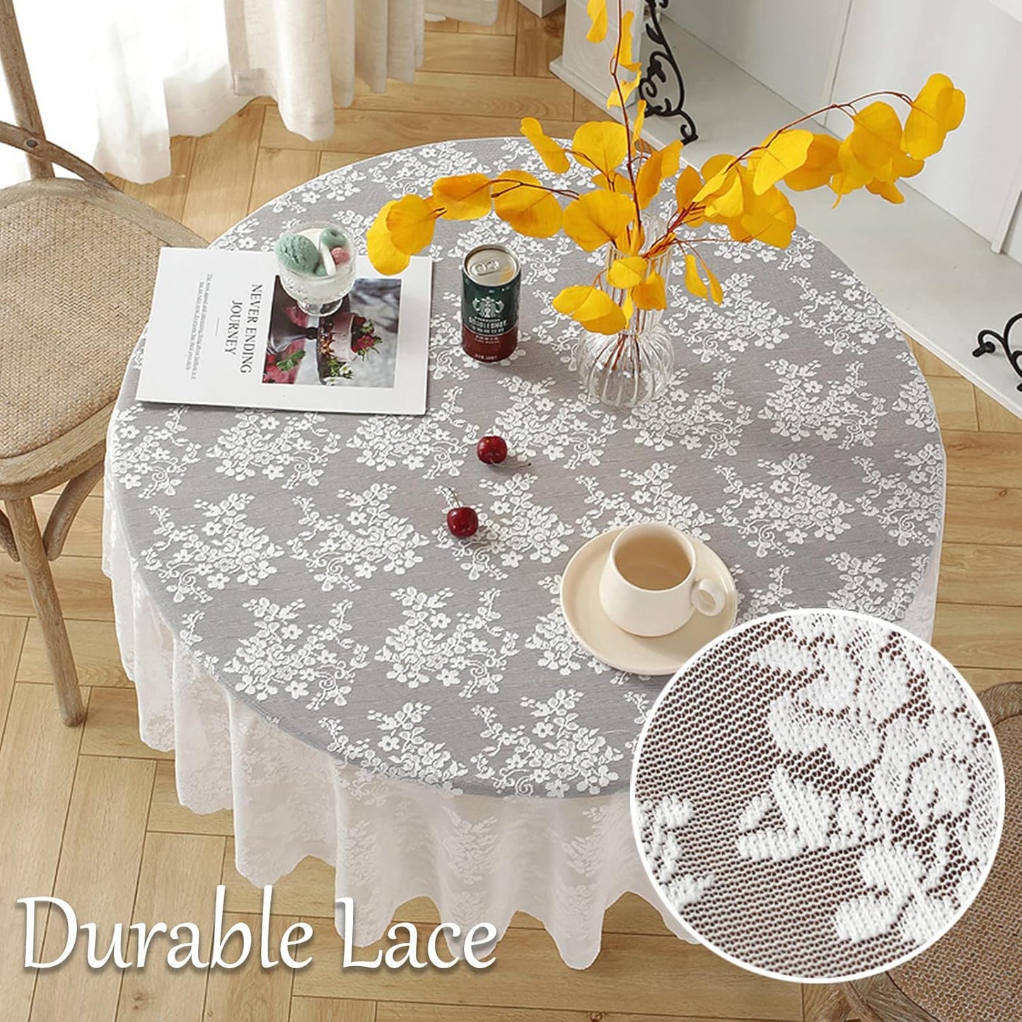 Jeloris Round Lace Tablecloth with Elegant Scalloped Bottom for Any Special Event Such as Wedding, Birthday Party, Baby Shower, Anniversary (60 inch, Style 1)