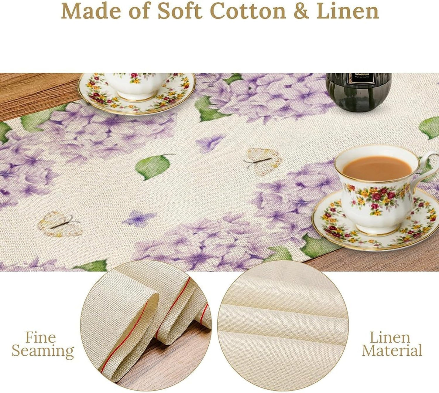 Watercolor Hydrangea Flower Table Runner, Spring Summer Seasonal Plants Butterfly Pink Lavender Dinner Runner for Home Kitchen Dining Table Party Holiday Decoration 13"x36"