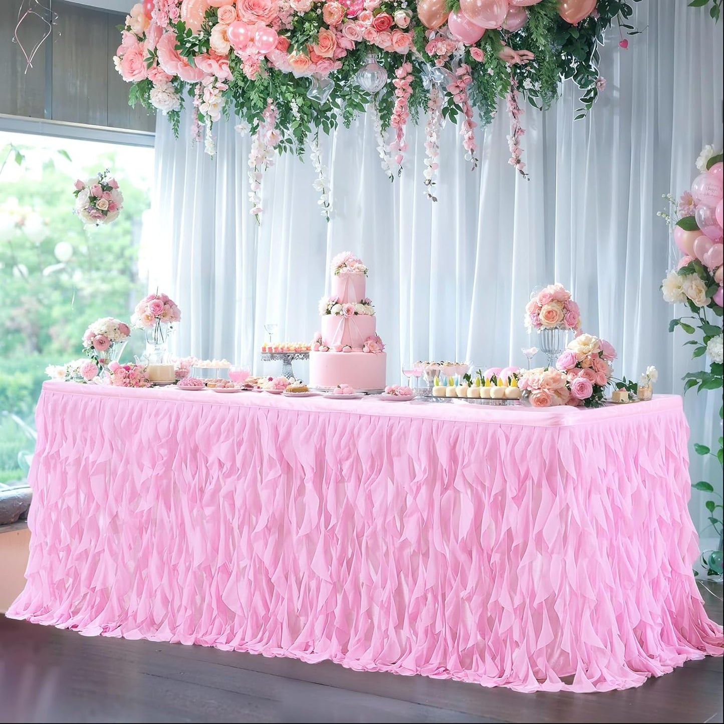 PARTISKY Pink Tulle Curly Willow Table Skirt for Rectangle Table 14ft, Ruffle Tutu Table Cloth for Girls Baby Shower,Birthday Party Candy Cake Tables