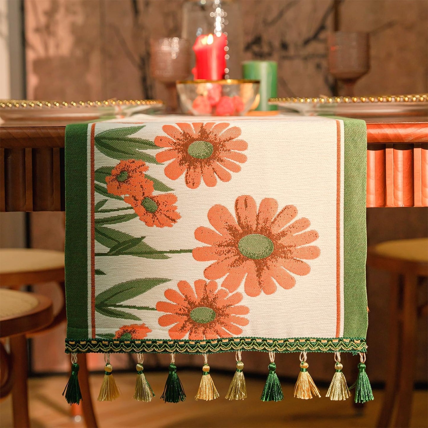 13×72 Inch Table Runner, Retro-Luxury Tassels Series for Kitchen Dining Table Holiday Decoration (Daisy)