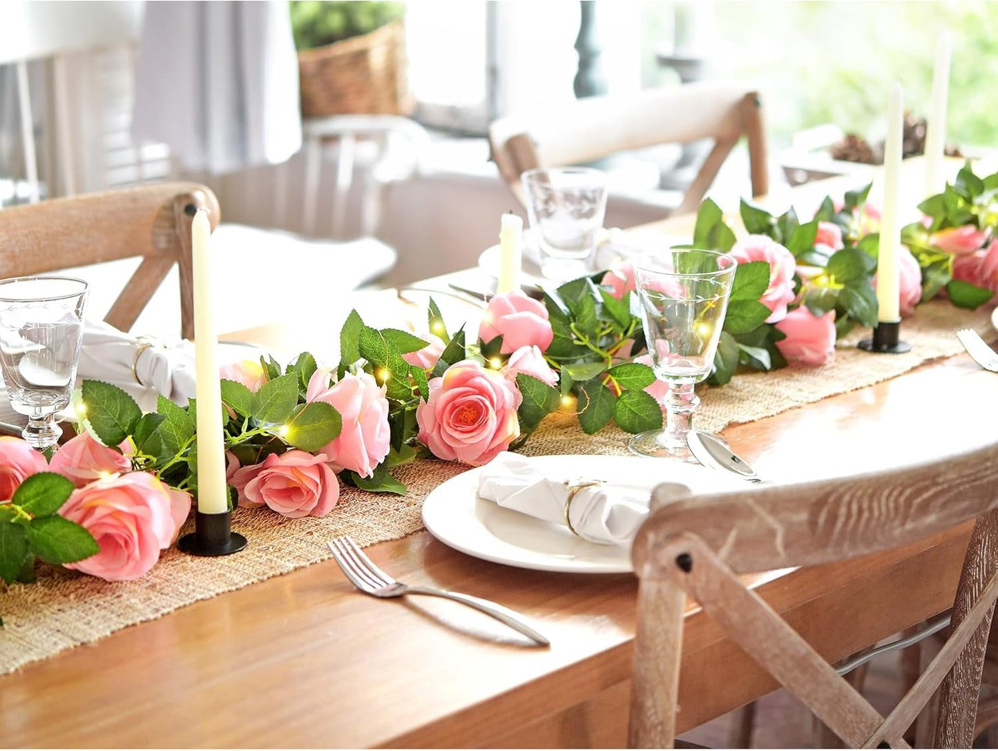 FiveSeasonStuff 29 Ft 4 Pack Amaranth Light Pink Rose Silk Flower Garland Artificial Flowers Decoration Hanging Floral with 66 feet String Lights