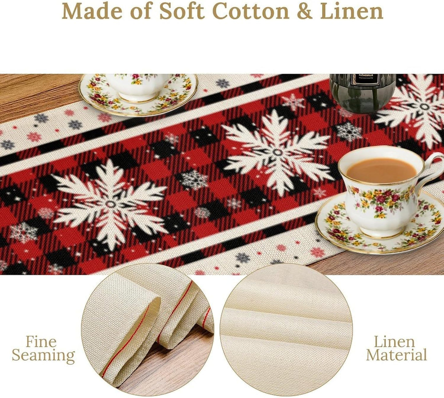 Snowflakes Christmas Table Runner,Red Buffalo Plaid Seasonal Winter Kitchen Dining Table Decoration for Home Party Decor 13x120 Inch