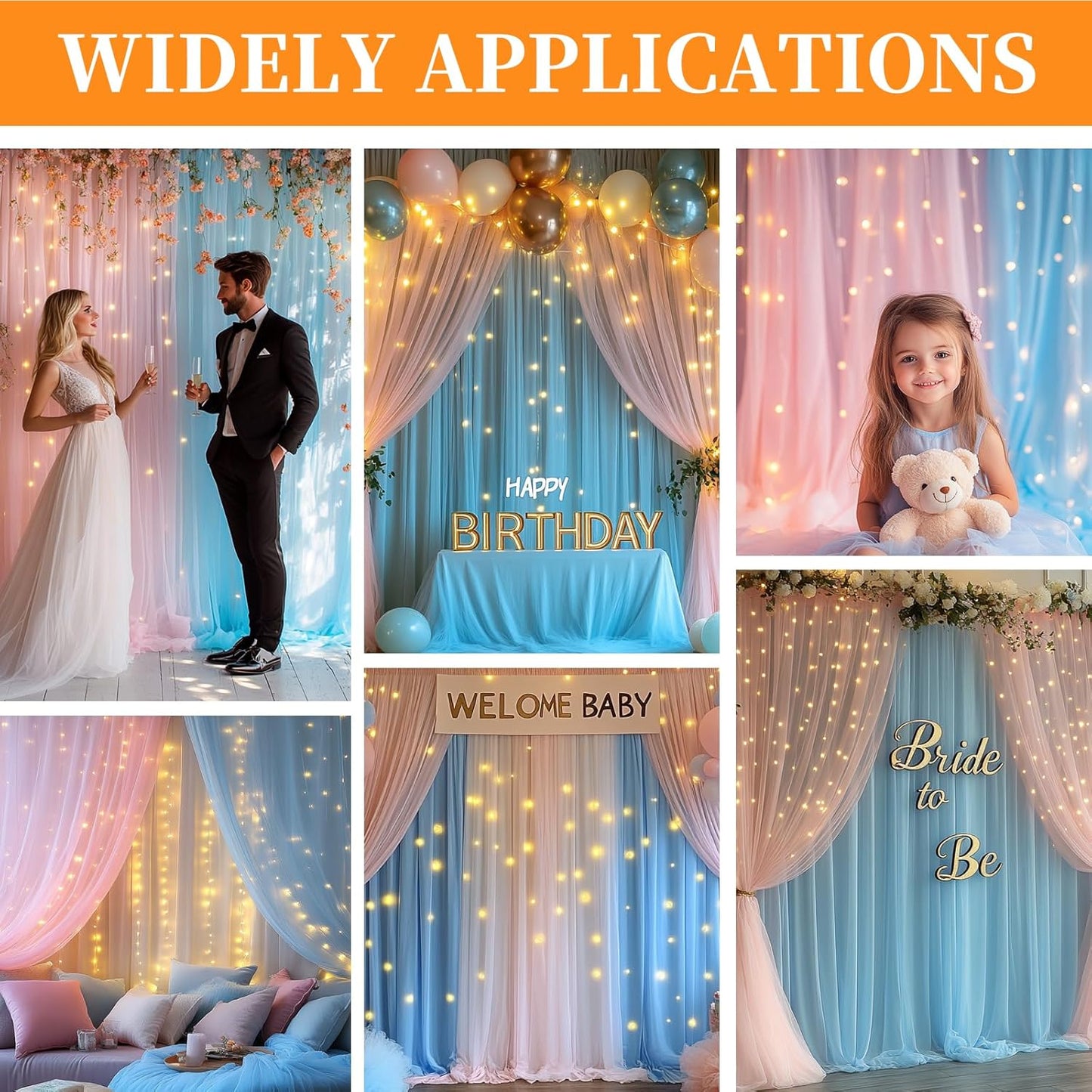 10x10ft Pink Blue Tulle Backdrop Curtain with String Lights, Wrinkle-Free Sheer Wedding Backdrop for Birthday Parties, Baby Showers, Bridal Showers, Photo Shoots and Home Decor, Pink Blue