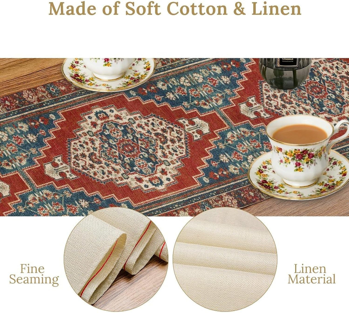 Boho Floral Vintage Table Runner, Red Blue Retro Flower Rustic Country Farmhouse Pattern for Home Kitchen Table Decor Dining Coffee Room Party Decor 13x60in