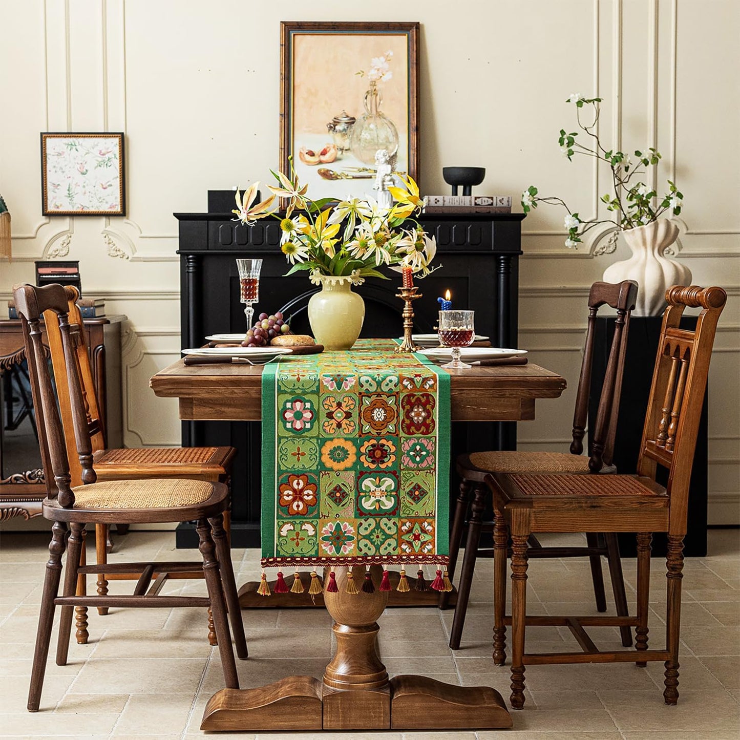 13×72 Inch Table Runner, Retro-Luxury Tassels Series for Kitchen Dining Table Holiday Decoration (Ethnic Green)