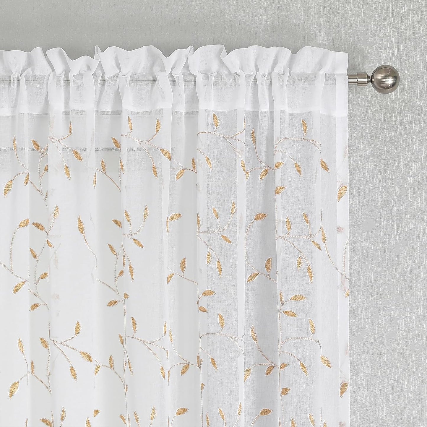 VISIONTEX White Sheer Voile Curtains, Decorative Orange Leaves Embroidery Faux Linen Rod Pocket Window Drapes for Home Kitchen, Living Room and Bedroom 54 x 84 Inch, Set of 2 Curtain Panels