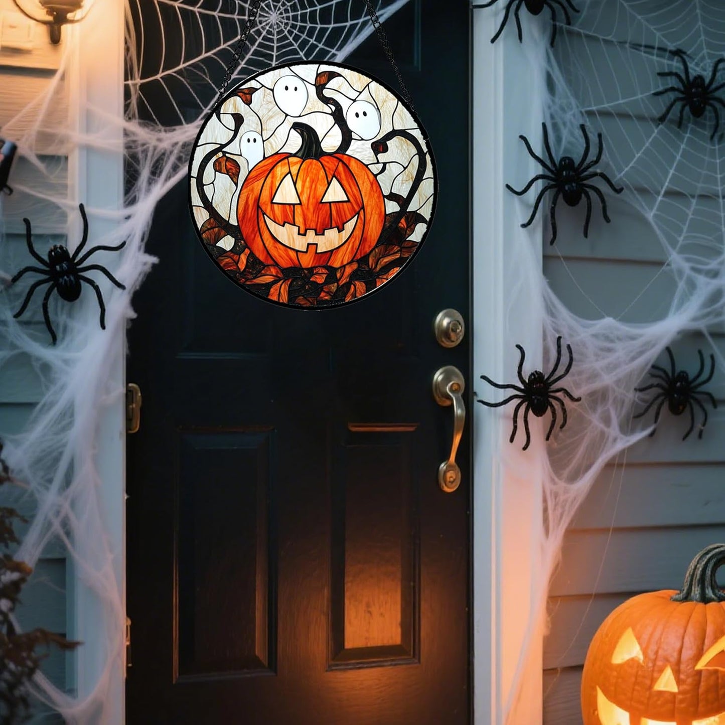 Stained Glass Window Hanging - Halloween Decorations Pumpkin Ghost Suncatcher for Doors Garden Indoor Spooky Funny Orange Sun Catchers Gothic Decor Horror Gifts for Women Men Friend 15 in