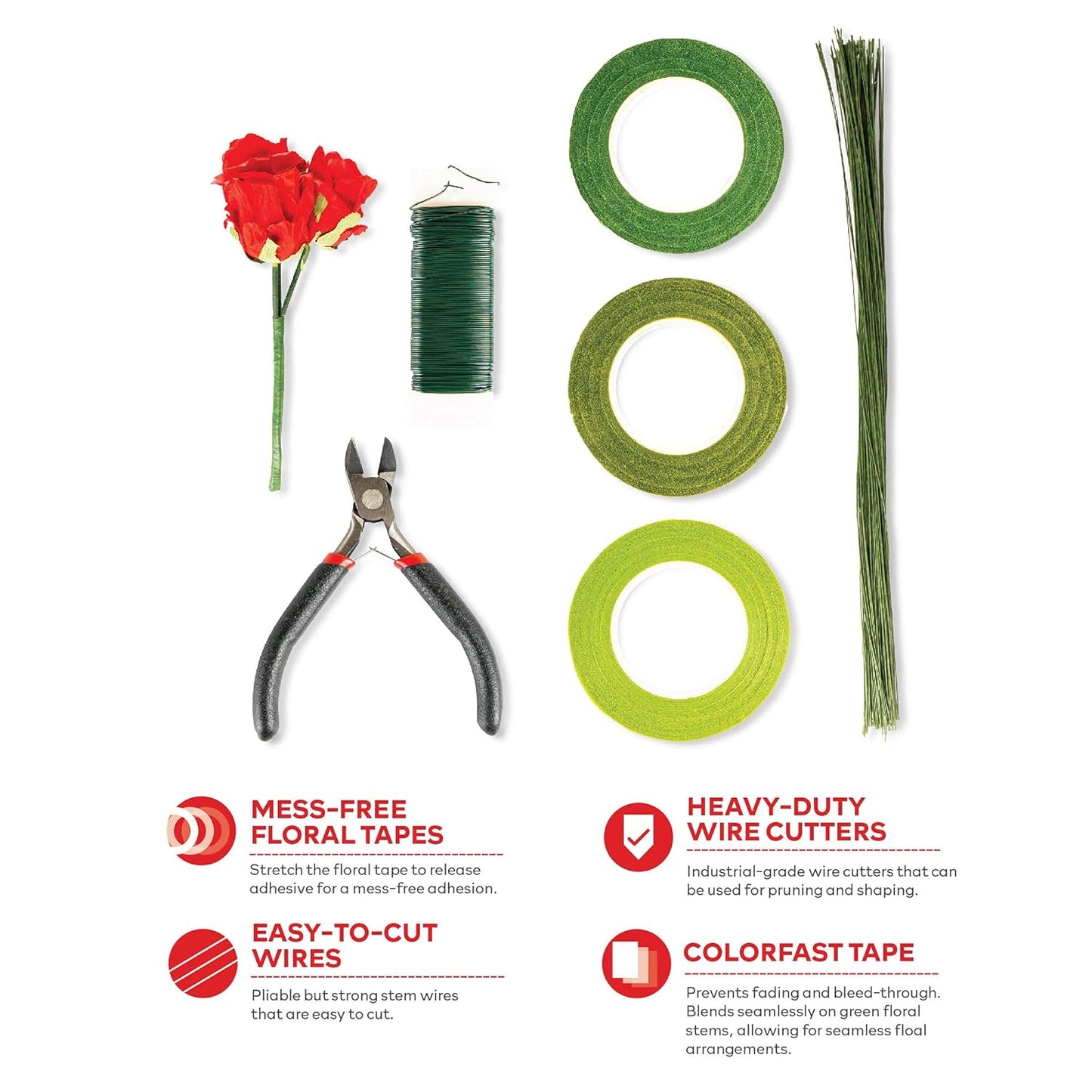 XFasten Floral Arrangement Kit; Flower Arrangements Supplies Included: Green Floral Tapes, Floral Wire Cutter, 22 Gauge Paddle Florist Wire, 26 Gauge Floral Stem Wire for Bouquet Stem Wrap