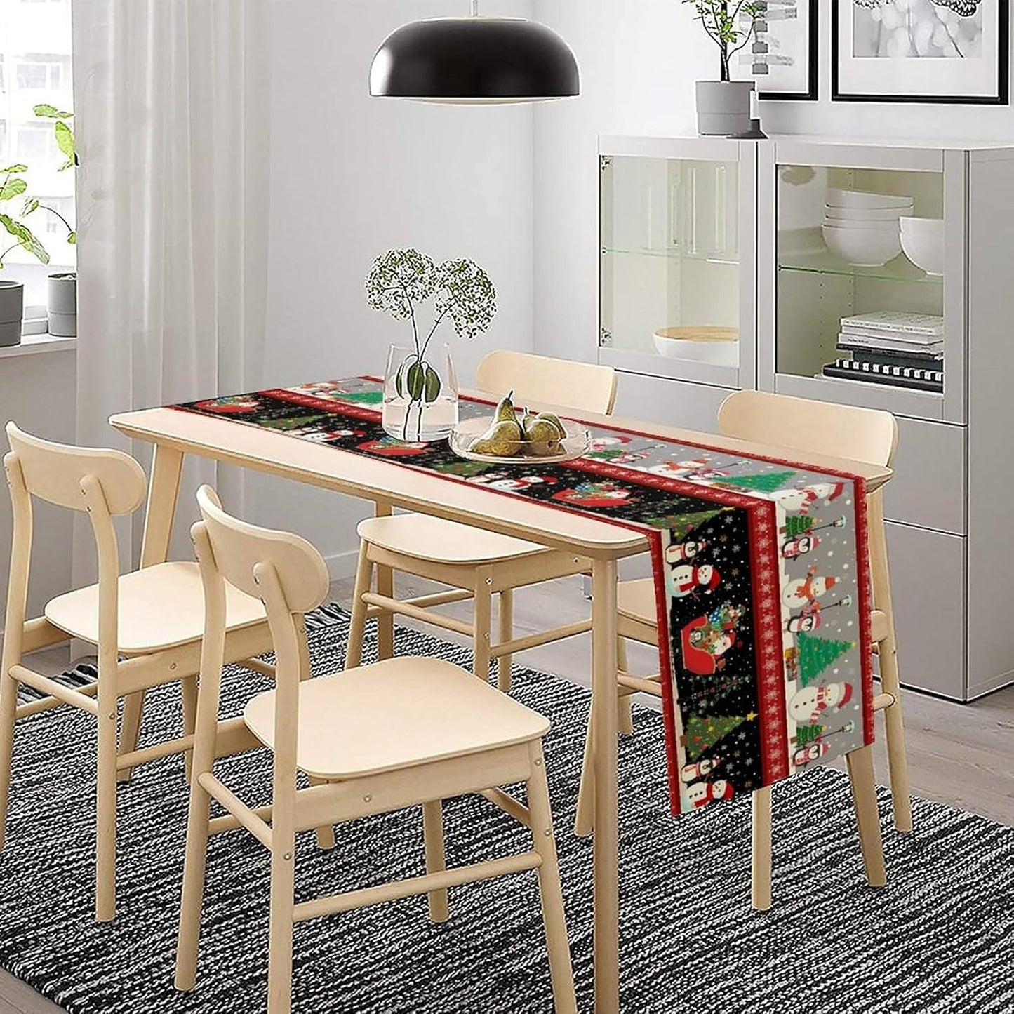 Christmas Table Runner,Cartoon Snowman Tree Xmas Deer Elk Santa Claus Print Tablecloth Burlap for Hotel Indoors Outdoor Dining Room Kitchen Home Decor,W13X L80 in