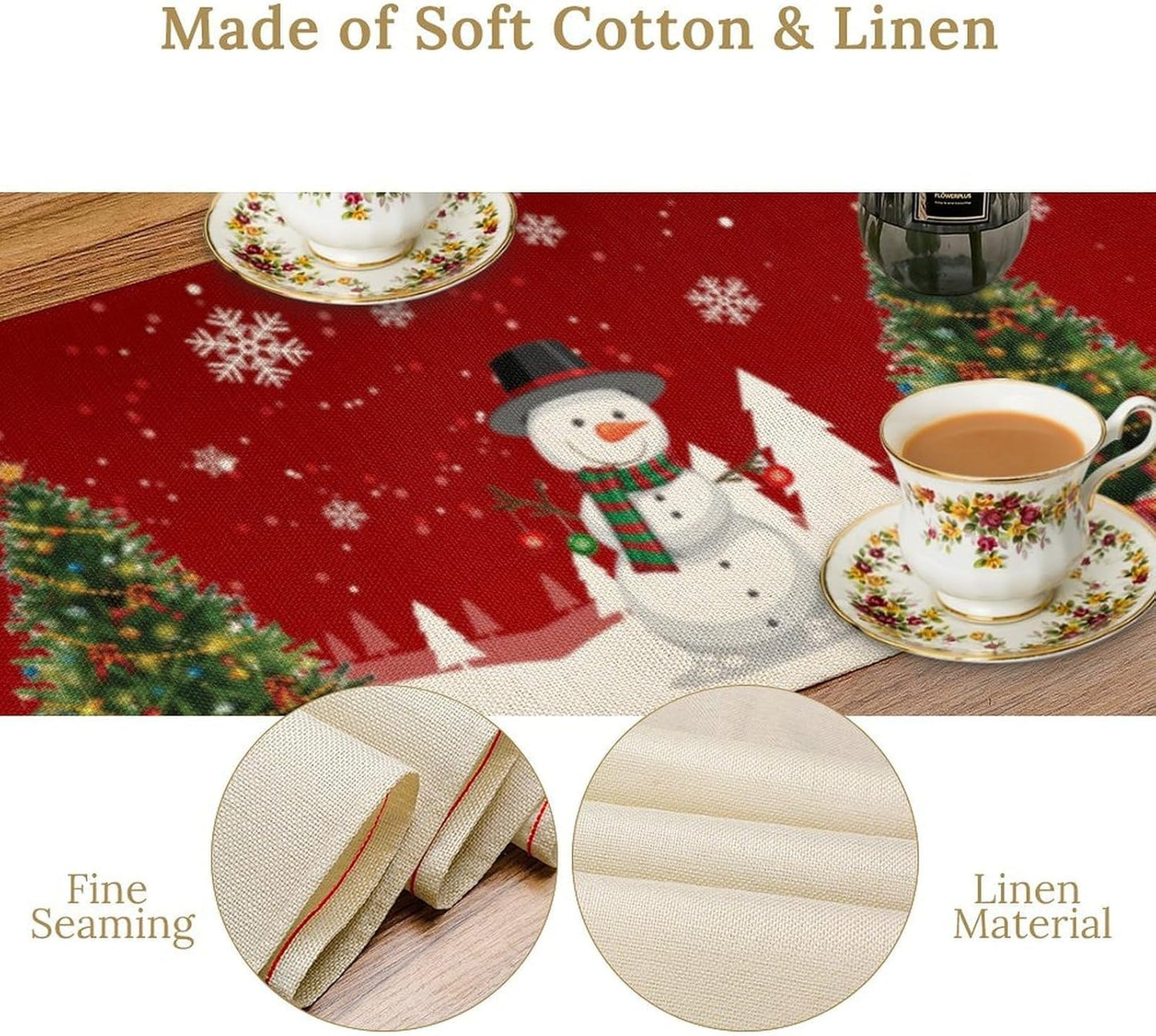 Christmas Table Runner,Snowman Rustic Red Snowflake Winter Table Cloth Kitchen Dining Table Decoration for Home Party Decor 13x70 Inch