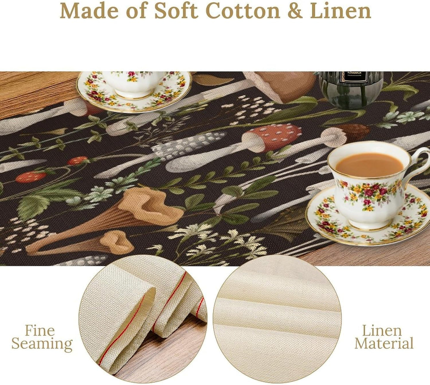 Mushroom Table Runner,Retro Forest Wildflower Botanical Plants Flower Art Pattern Print Burlap Hotel Indoors Outdoor Dining Room Kitchen Holiday Party, 13x70in