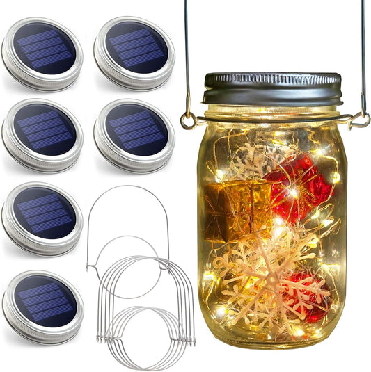 Urvoix Solar Mason Jar Lights - 6 Pack 30 Led Waterproof Jar Lids String Lights with 6 Handle, Perfect for Outdoor Garden Backyard Decorations