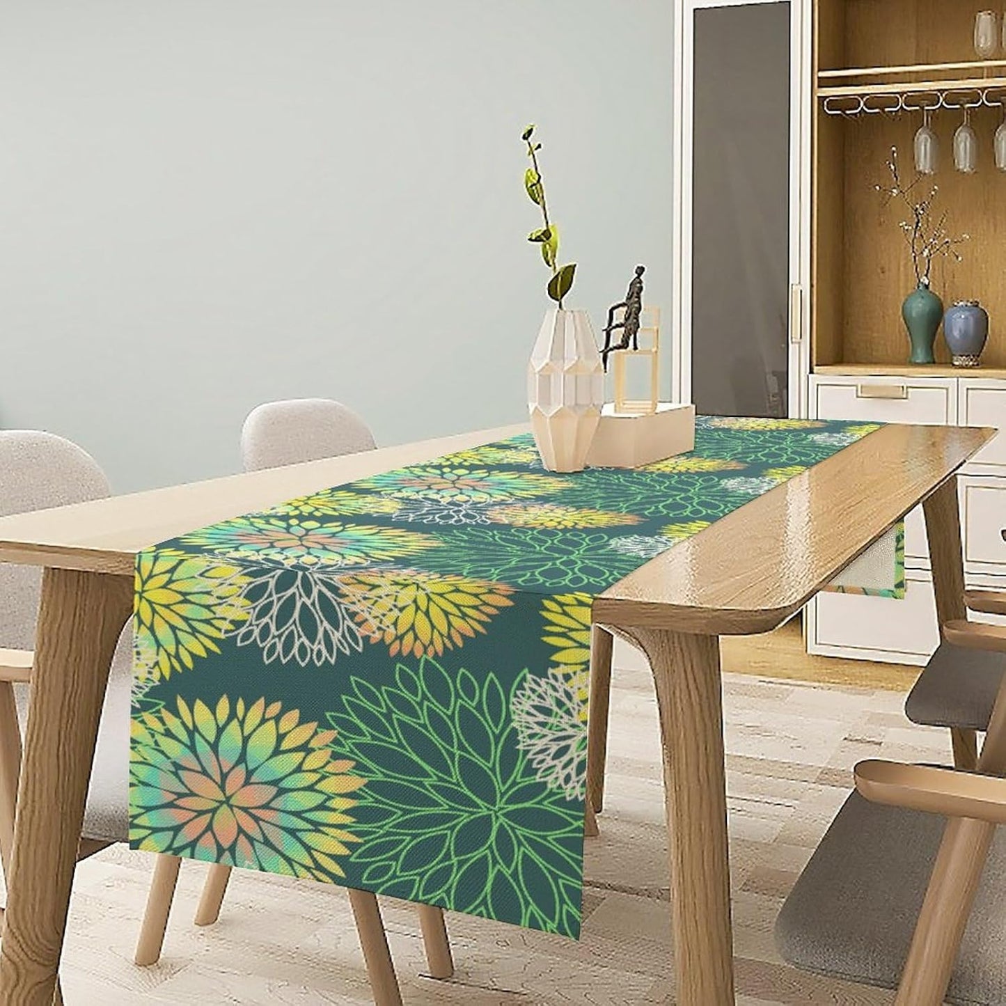 Green Dahlia Flower Table Runner, Linen Geometric Pattern Floral Table Decor Spring Farmhouse Decorations for Kitchen Dining Holiday Party Decor, 13x36 Inch