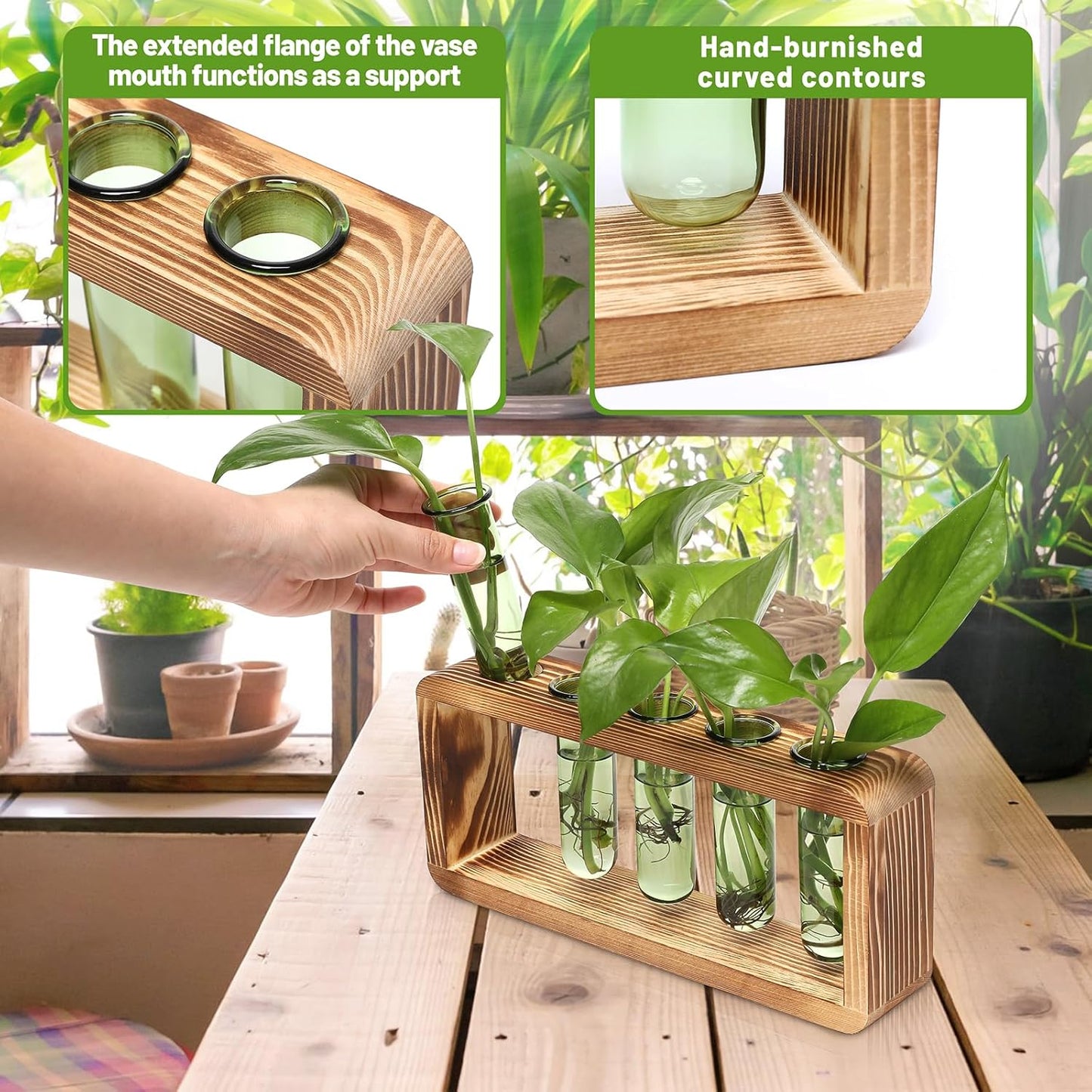 Glass Plant Propagation Station with 5 Test Tubes Colorful Planter Vase Birthday Gifts for Women in Wooden Stand