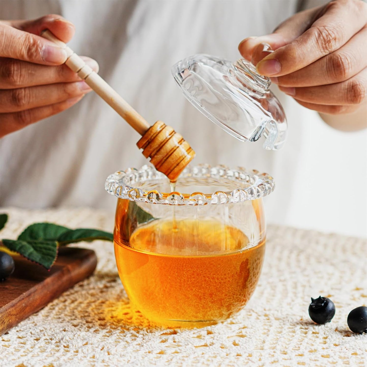 Kanpura Glass Honey Jar with Dipper and Lid, 6oz Crystal Honey Dispenser, Containers for Home Kitchen