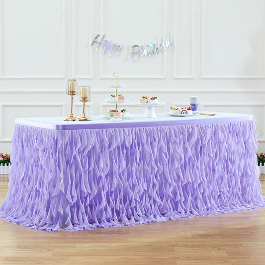 PARTISKY Lavender Purple Tulle Curly Willow Table Skirt for Rectangle Table 17ft, Ruffle Tutu Table Cloth for Girls Boys Baby Shower,Mermaid Birthday Party