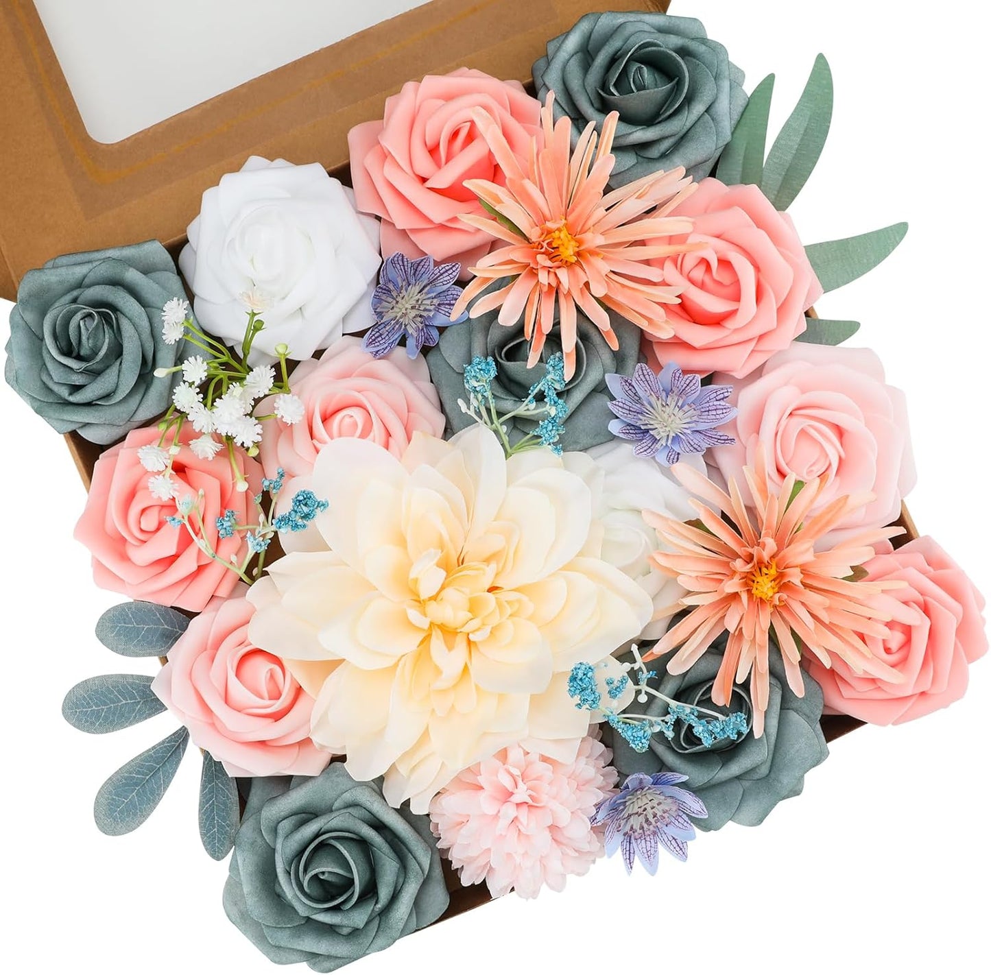 Floweroyal Artificial Flowers Combo Blue Flowers Mix Silk Flowers Dahlia Roses with Stems for DIY Wedding Bridal Bouquets, Baby Shower, Floral Arrangement, Table Centerpieces, Home Decorations.