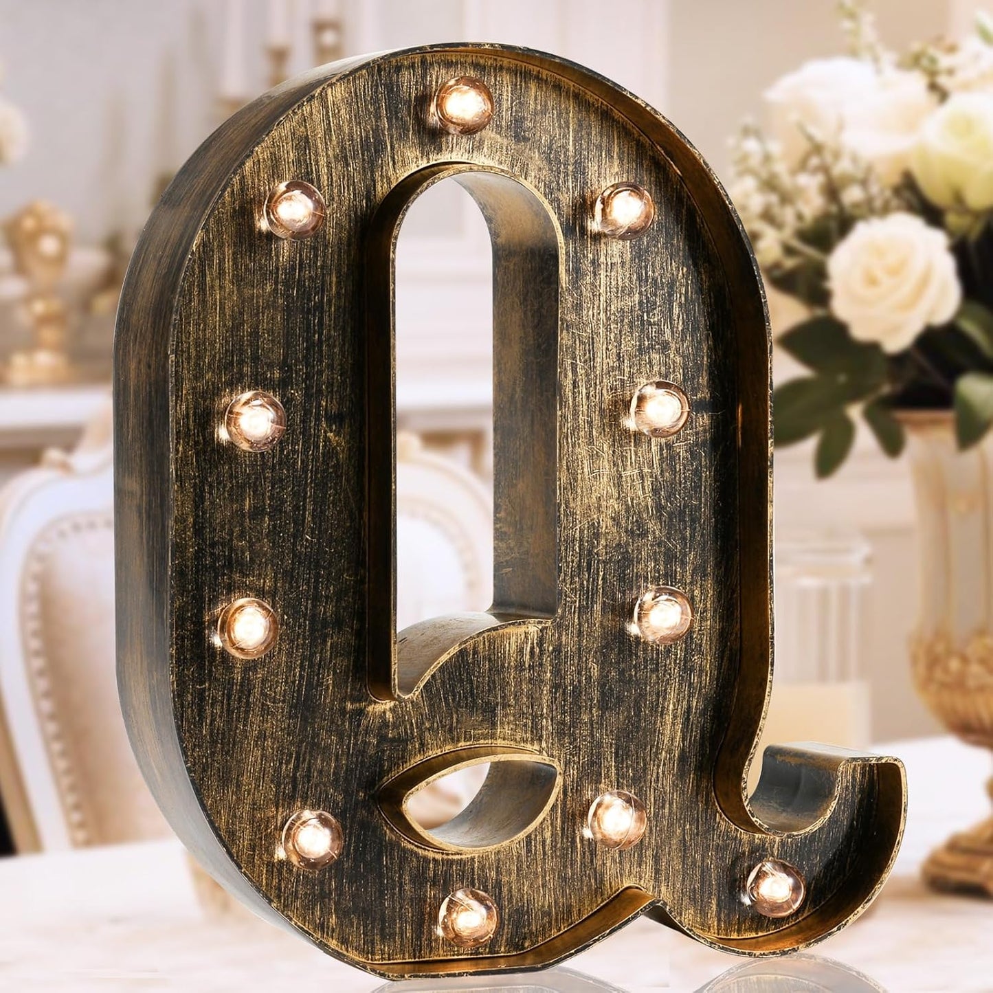 OYCBUZO Golden Black Led Marquee Letter - Industrial, Vintage Style Light Up Alphabet Letter Sign for Cafe Wedding Birthday Party Christmas Lamp Home Bar Initials Decor - Q