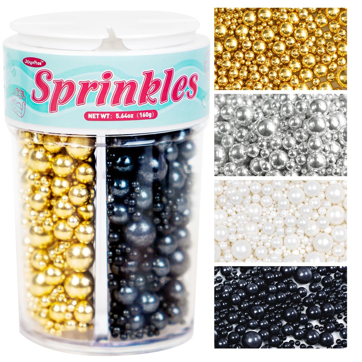 Edible Pearl Sugar Sprinkles for Cake Decorating, Mix 4 Colors Gold White Silver and Black Pearls Sprinkles for Cupcake, Cookie, Baking Cake Decorations, 160g/5.64oz, Holiday, Wedding Party Supplies