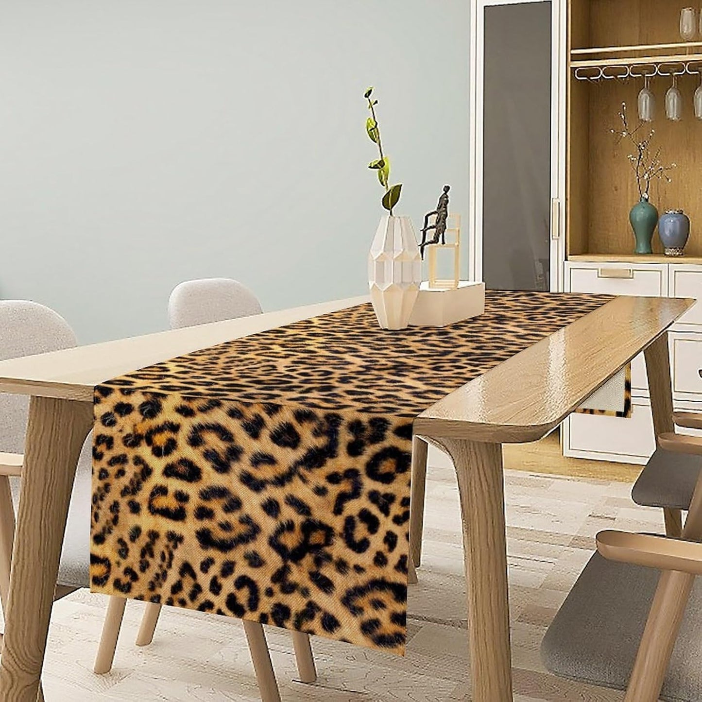 Leopard Print Dinning Table Runner, Cotton Linen Rustic Cottage Country Farm Safari Wildlife Fur Print Table Runners for Table Dresser Runner Dinning Kitchen Party Holidays Home, 13x108 Inch