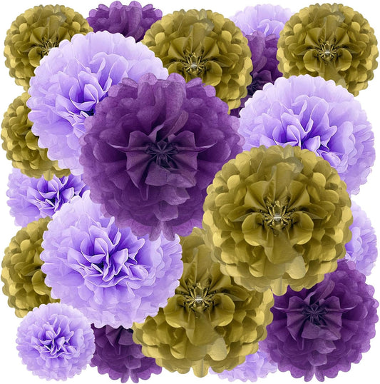 Tissue Paper Pom Poms, Purple Gold Tissue Paper Flowers, Hanging Flower Balls for Weddings Fiesta Parties Birthday Baby Showers Classroom Bridal Shower Decoration (18Piece Set-6/10/12/14Inch)