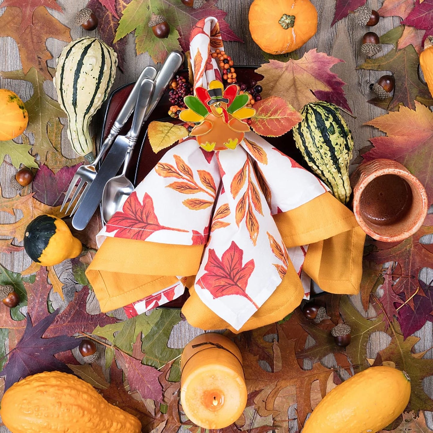 Halatool Thanksgiving Turkey Napkin Rings Set of 8, Alloy Fall Napkin Rings Dinner Tables Holders for Thanksgiving Weddings Holidays Gathering Dinner Party Decorations