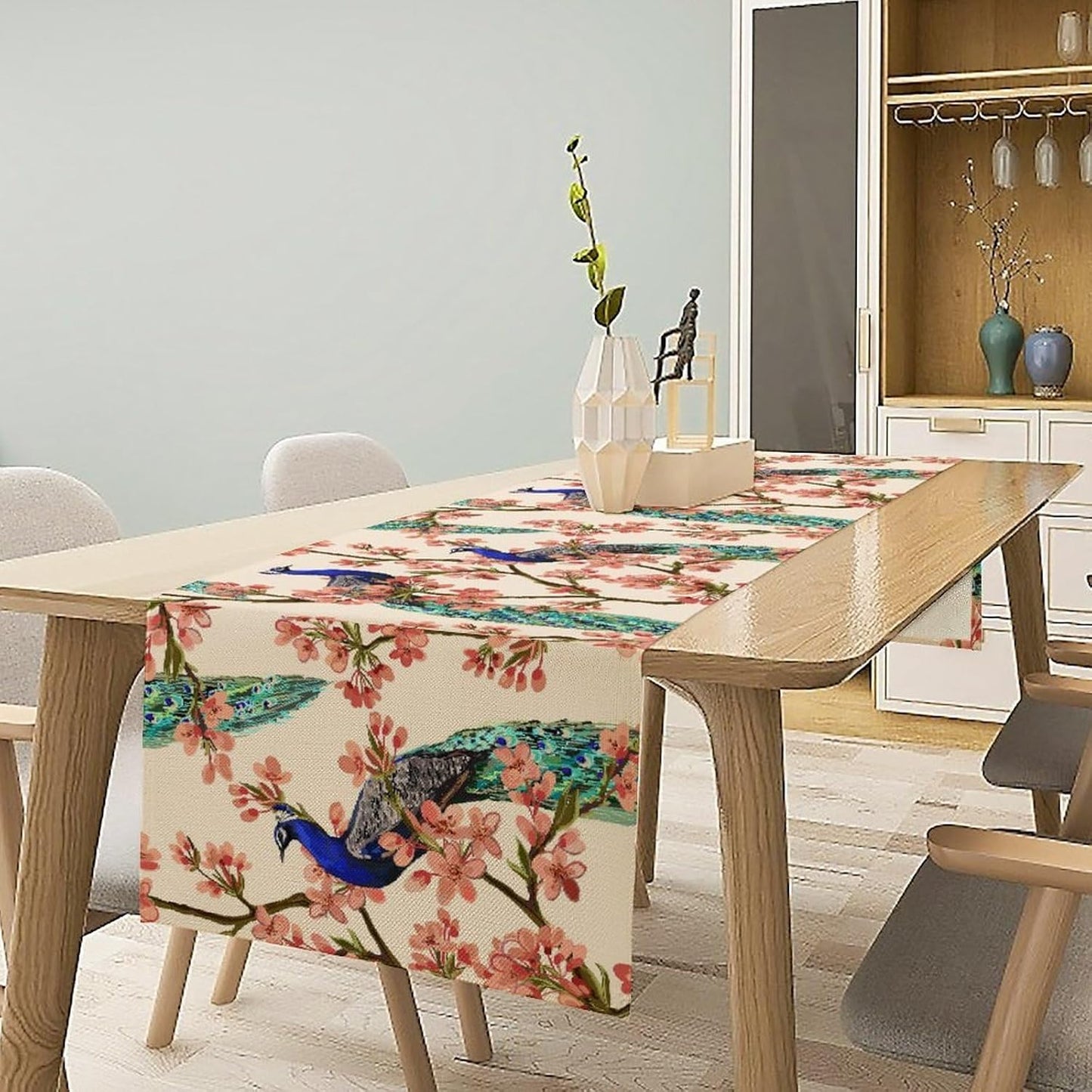 Peacock Table Runner,Spring Floral Peacock Birds Table Runner for Home Kitchen Dining Party Indoor Outdoor Decoration 13x90 Inch