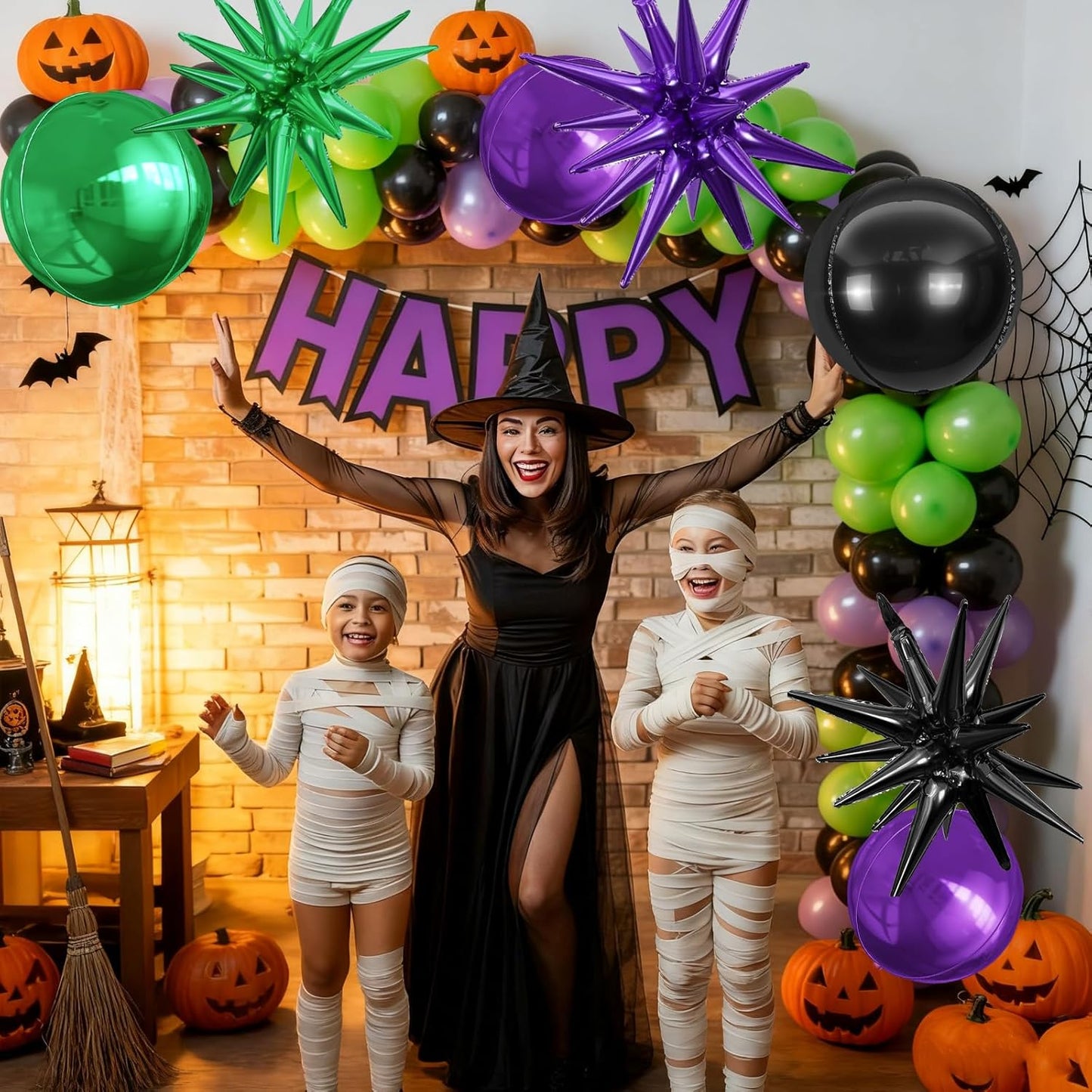 6Pcs Black Purple Green Foil Balloons,22Inch Black Green Purple 4D Round Ball Balloon and Explosion Star Balloon for Halloween Birthday Wedding Baby Shower Anniversary Party Decorations