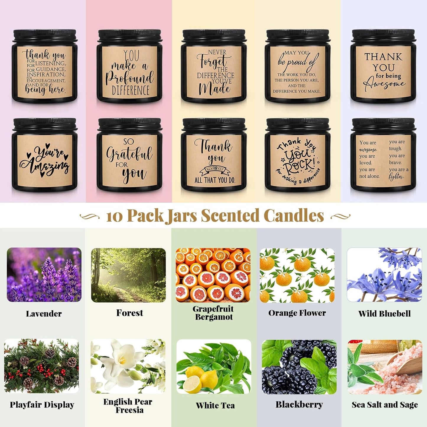 Roowest 10 Jars Thank You Gift Candles 3.5 oz Employee Appreciation Gifts Bulk Soy Wax Jar Inspirational Candle Thank You for Coworkers Employee Women Teacher Volunteers(Black,Classic Style)
