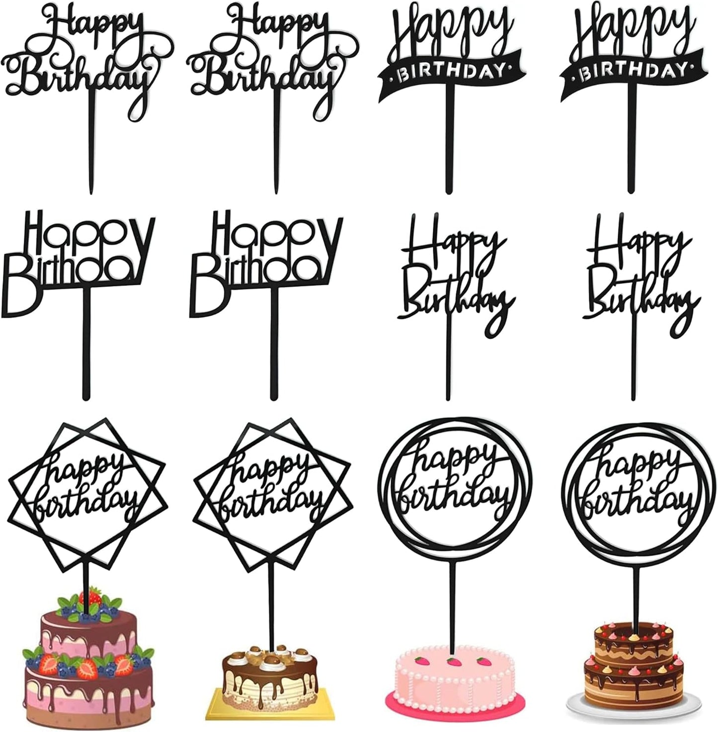 12 Pack Multi Styles Birthday Cake Topper Set, Acrylic Cake Bunting Decor Birthday Cake Picks Party Decorations Supplies(Black)