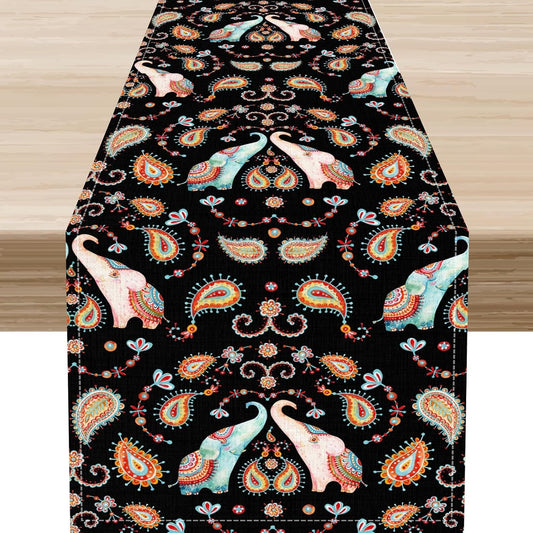 Boho Table Runner, Indian Bohemian Elephant Mandala Paisley Floral Hippie Art Print Table Center Decor for Home Kitchen Dining Patio Holiday Party Indoor Outdoor Table Decorations, 13"x36" Inch