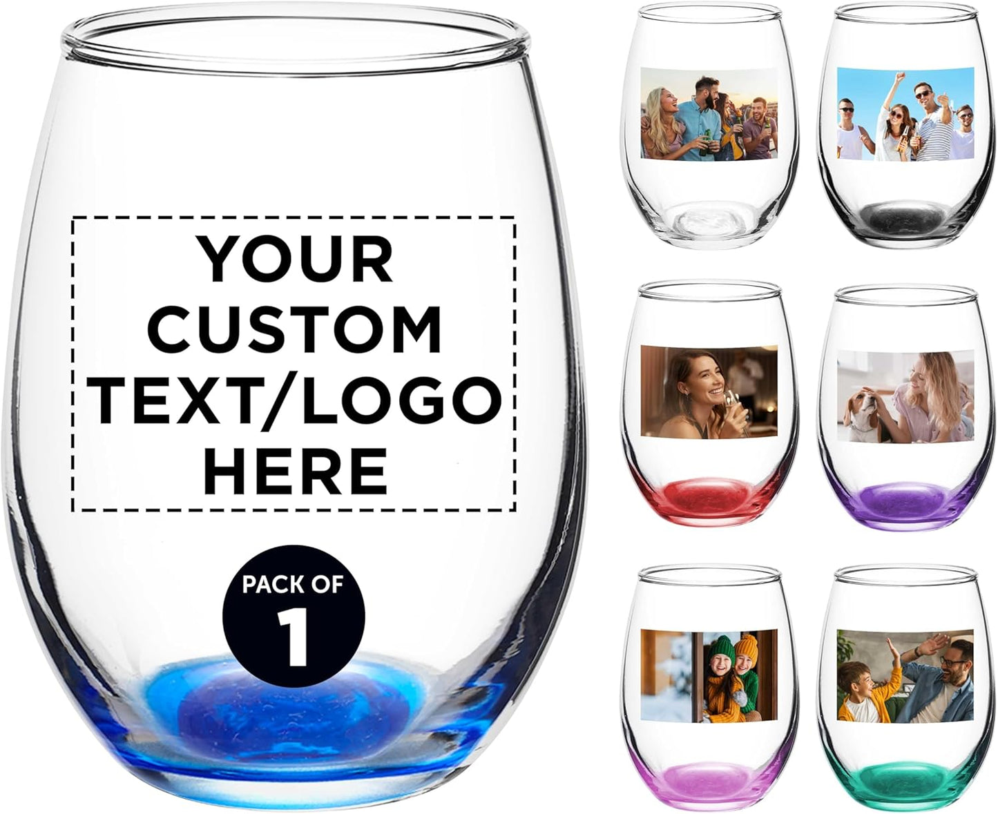 DISCOUNT PROMOS Custom Stemless Wine Glass 9 oz. Set of 1, Personalized text, logo and picture - Great for Wedding Favors, Bachelorette Party Decorations, Party Favors, Color Bottom - Blue
