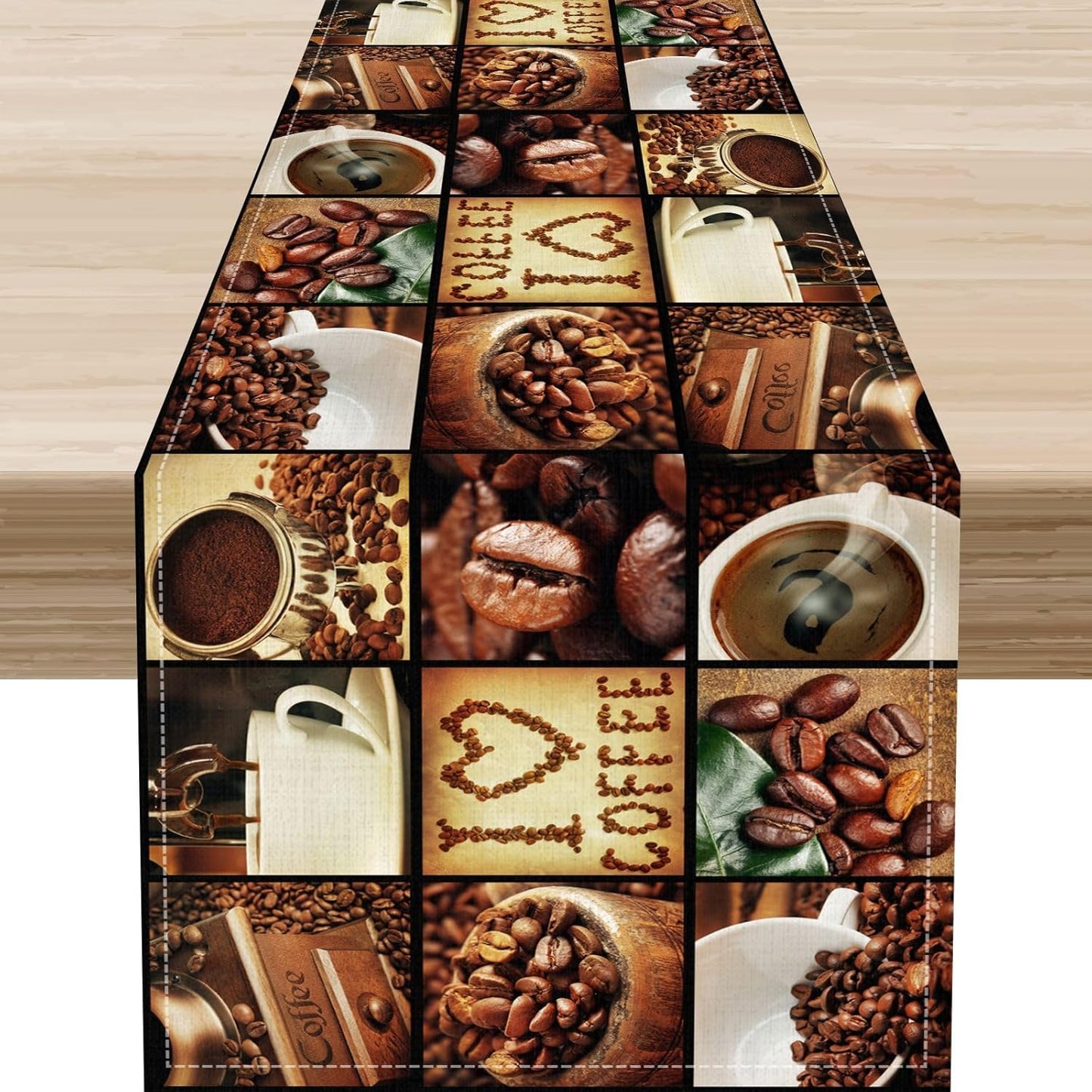 Coffee Theme Table Runner, Retro Farmhouse Coffee Cup Latte Cappuccino Tea Party Cafe Table Center Decor for Home Kitchen Dining Patio Holiday Party Indoor Outdoor Table Decorations,13"x90" Inch