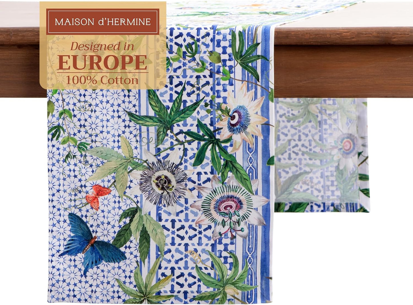 Maison d' Hermine Table Runner 100% Cotton Single Layer Table Runners 108 inches Long Decorative for Home Kitchen Dining Party Wedding Bridal Shower Spring Summer (Passiflora, 14.50" x 108")