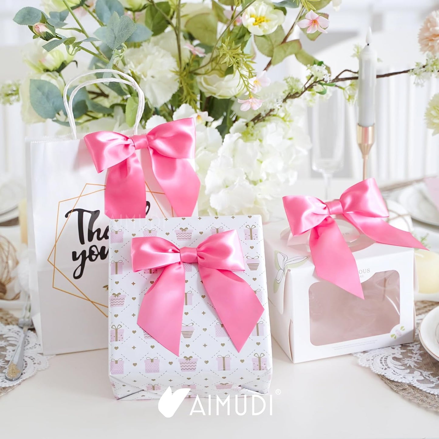 AIMUDI Hot Pink Satin Bows 5.5" Bows for Gift Wrapping Satin Twist Tie Bows Premade Ribbon Bows for Treat Bags Invitations Baskets Crafts Wedding Birthday Baby Shower Spring Decorations, 24 PCs