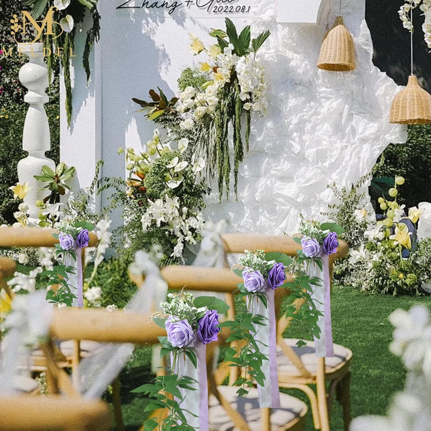 Meldel Wedding Chair Decorations Set of 10 Aisle Artificial Flowers White Puprle Rose Garland with Hanging Ribbons for Ceremony Reception Church Arrangement Party Wedding Decor