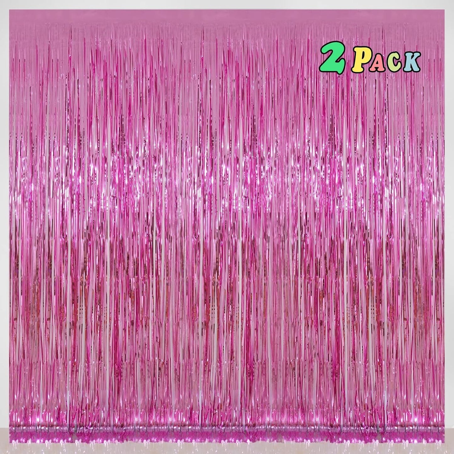 Pink Foil Fringe Curtains Tinsel Backdrop, Melsan 3.2 x 8 ft Metallic Tinsel Curtains Party Decorations for Baby Shower,Babbie, Mermaid Themed Birthday Party Backdrop - Pack of 2
