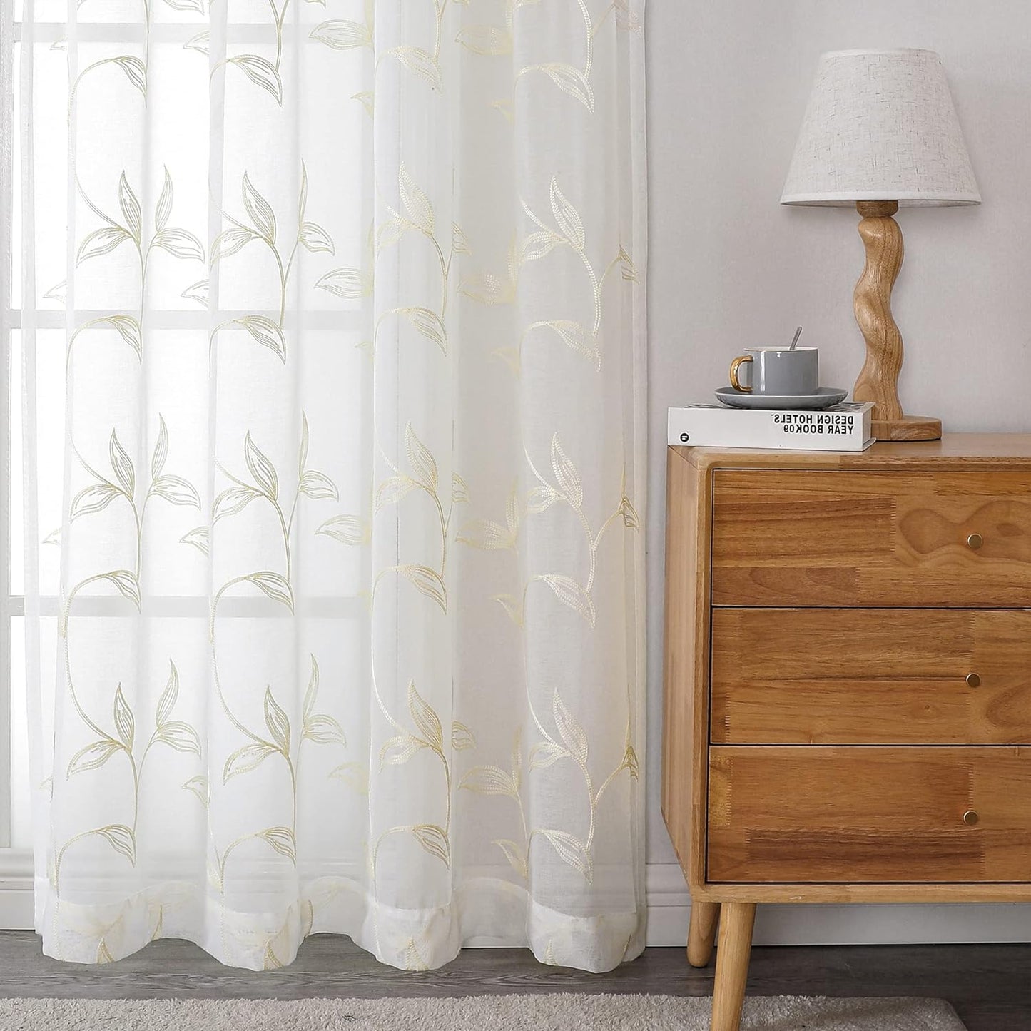 VISIONTEX Sheer Curtains 84 inch Length 2 Panels Set, White Voile Crushed Cream Vine Leaves Embroidery, Rod Pocket Embroidered Window Drapes for Living Room and Bedroom, 54" x 84"