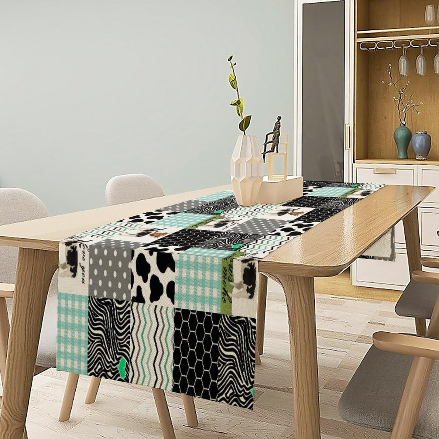 Cute Cow Print Table Runner,Farm Animals Honeycomb Plaid Stripes Cowhide Pattern Tablecloth Burlap for Hotel Indoors Outdoor Dining Room Kitchen Table Decor, 13x70in