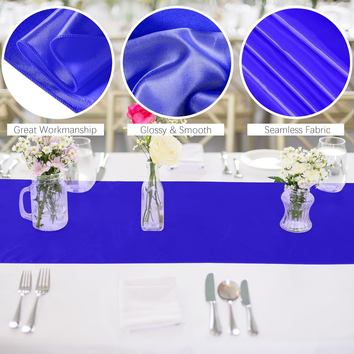 Aneco 12 Pack Satin Table Runner 12 x 108 Inch Dark Blue Long Wedding Satin Silk Table Runner for Wedding Banquet Graduations Birthday Party Decoration