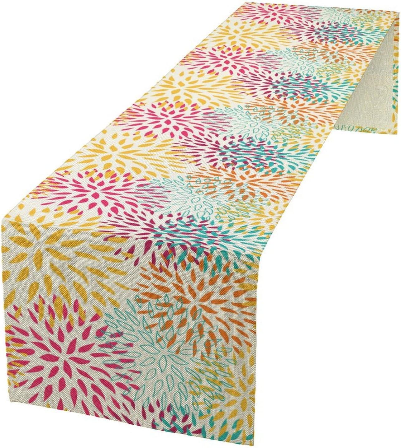 Abstract Flowers Table Runner, Chrysanthemum Dahlia Vintage Modern Colorful Spring Summer Elegant Table Runner for Party Kitchen Dining Living Room Laundry Room Decor, 13x70 Inch