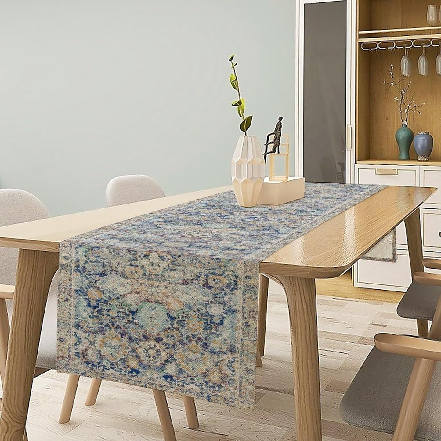 Vintage Boho Floral Table Runner, Rustic Country Farmhouse Blue Yellow Retro Flower Pattern for Home Kitchen Table Decor Dining Coffee Room Party Decor 13x72in