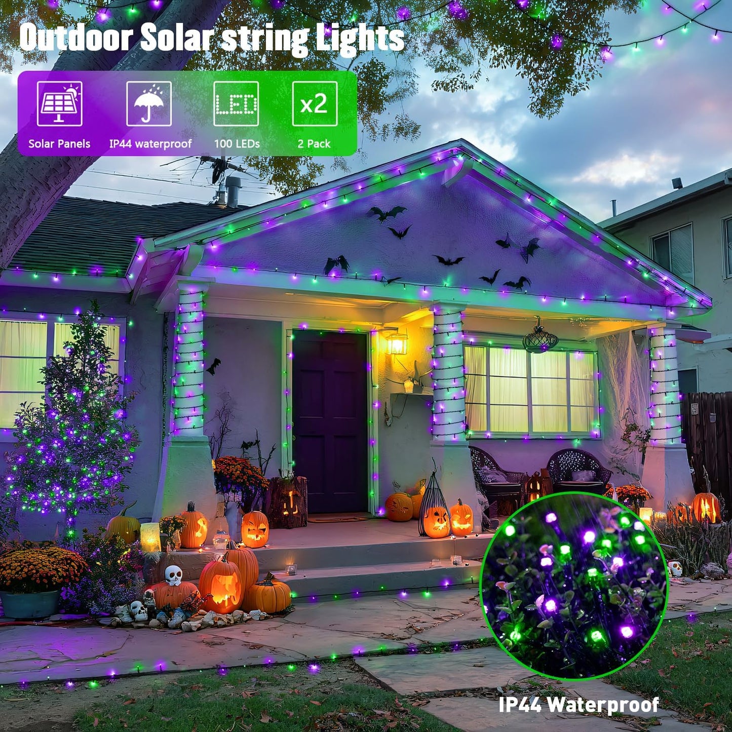 JMEXSUSS Purple and Green Halloween Lights, Total 66 FT 200 LED Solar Halloween Lights Outdoor, 2 Pack Solar Christmas Light Outdoor Waterproof for Yard Garden Tree Decor